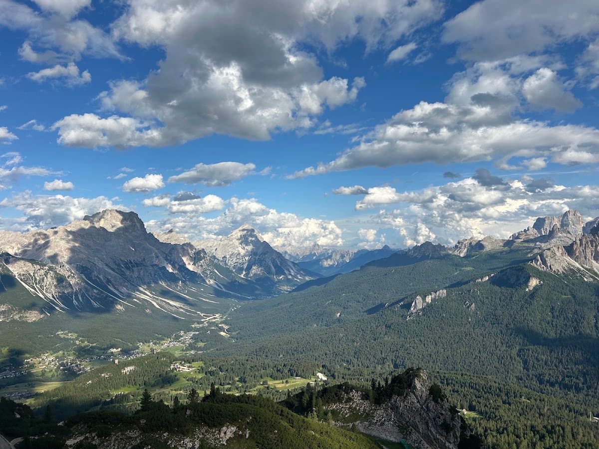Alpine mountain peaks with green valleys and cloudy blue sky