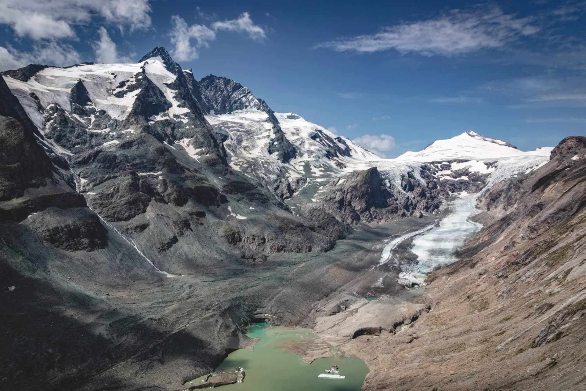 View of Grossglockner, Austria's highest mountain peak. Below is the Pasterze Glacier. Photo taken from Kaiser-Franz-Josefs-Höhe, which is accesible via Großglockner Hochalpenstraße