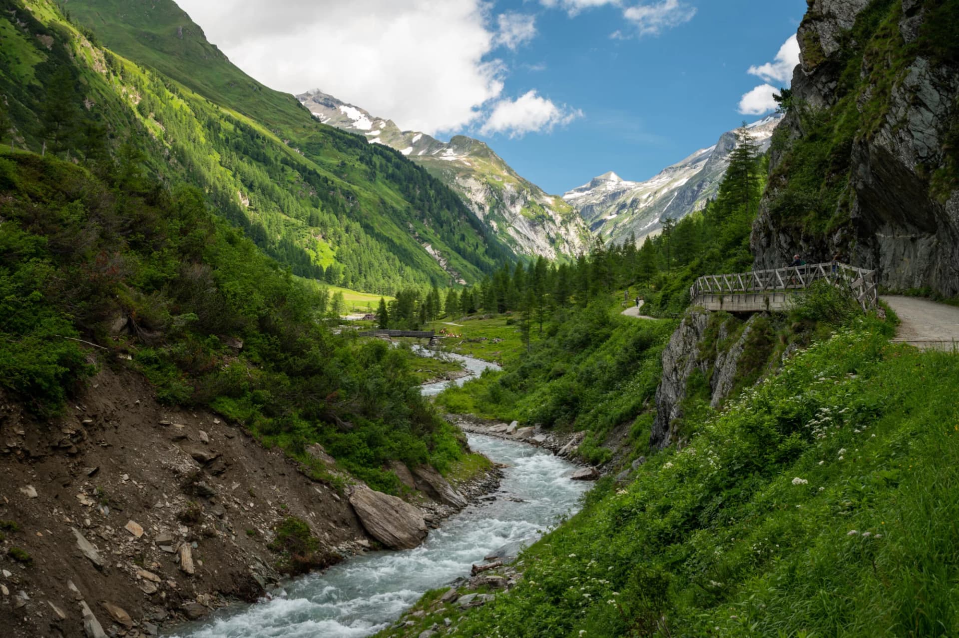 Rushing river through a green valley in the Austrian Alps with snow-capped mountains under a blue sky.